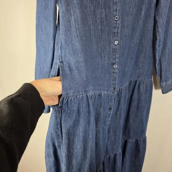 Boden Denim Tiered Midi Dress Ruffle Collar Blue US 12R - Picture 4 of 14